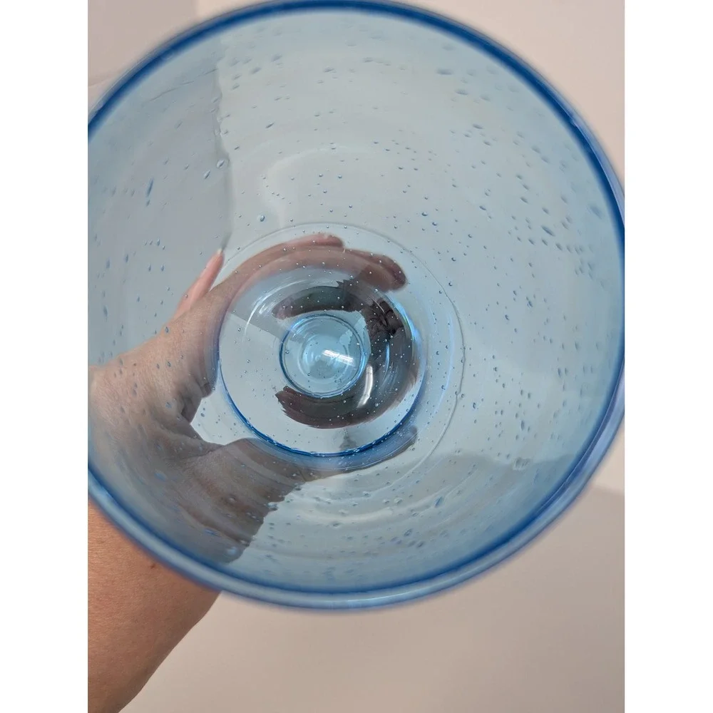 Crate & Barrel Cabana Goblet Cup Hand Blown Blue Seeded Glass Stemmed‎ Artisan